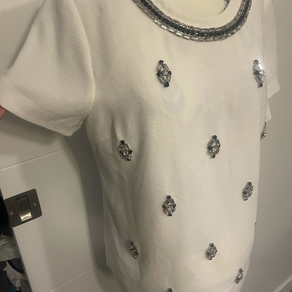 Dylan Gray business casual white boxy embellished jewel small  top